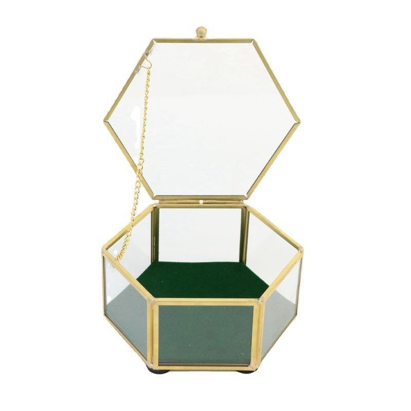 Hexagonal Clear Glass Metal Jewelry Box Decorative Slanted Top Lid Shadow Box