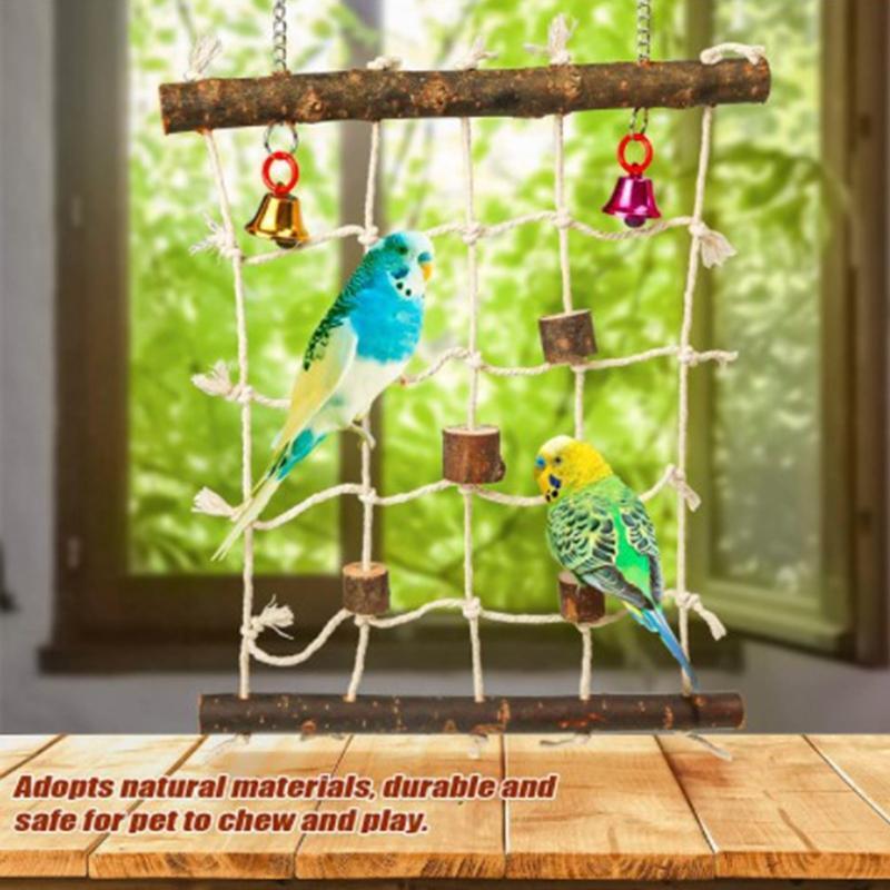 Bird Climbing Rope Net Hanging Ladder Wooden Chew Blocks Bells Chewing Stones