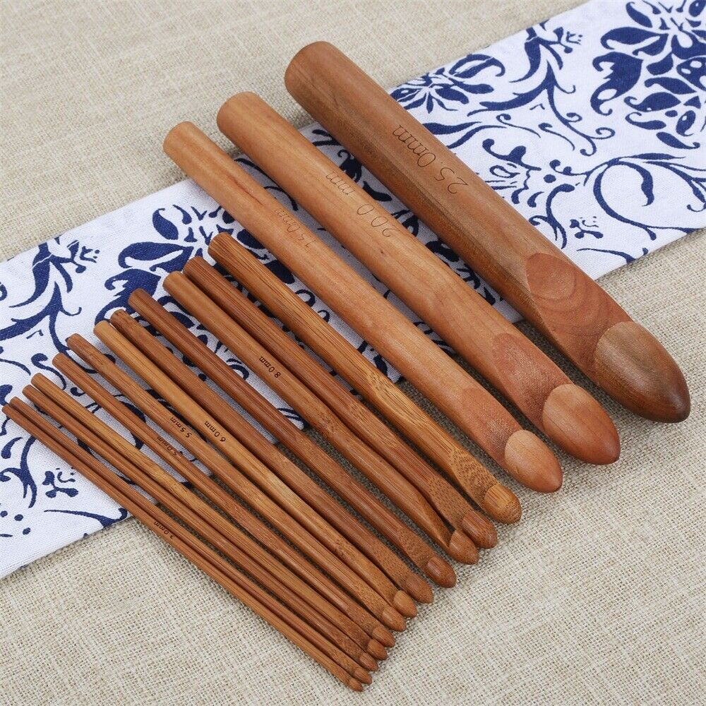 15x Practical Wooden Bamboo Large Crochet Needle Hook Knitting Tool for Sweater