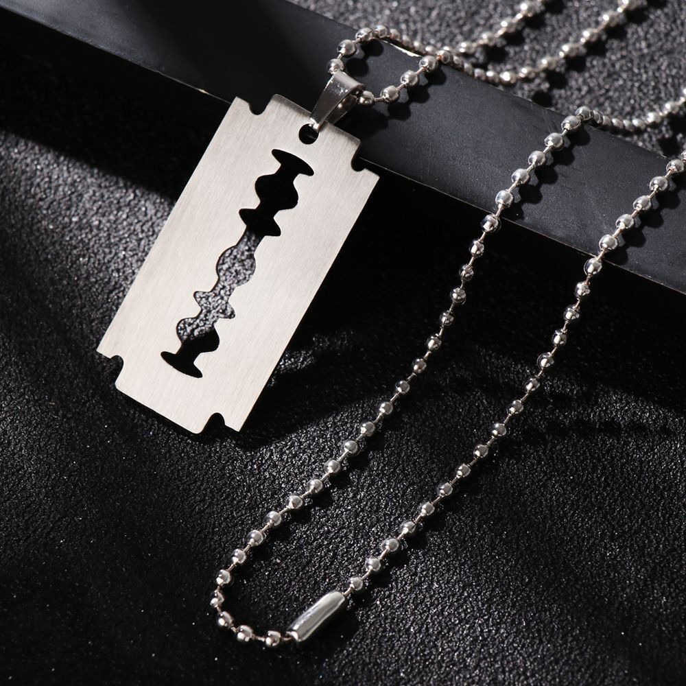 Street Punk Hip Hop Stainless Steel Razor Blade Shaped Dogtag Necklace Pendant