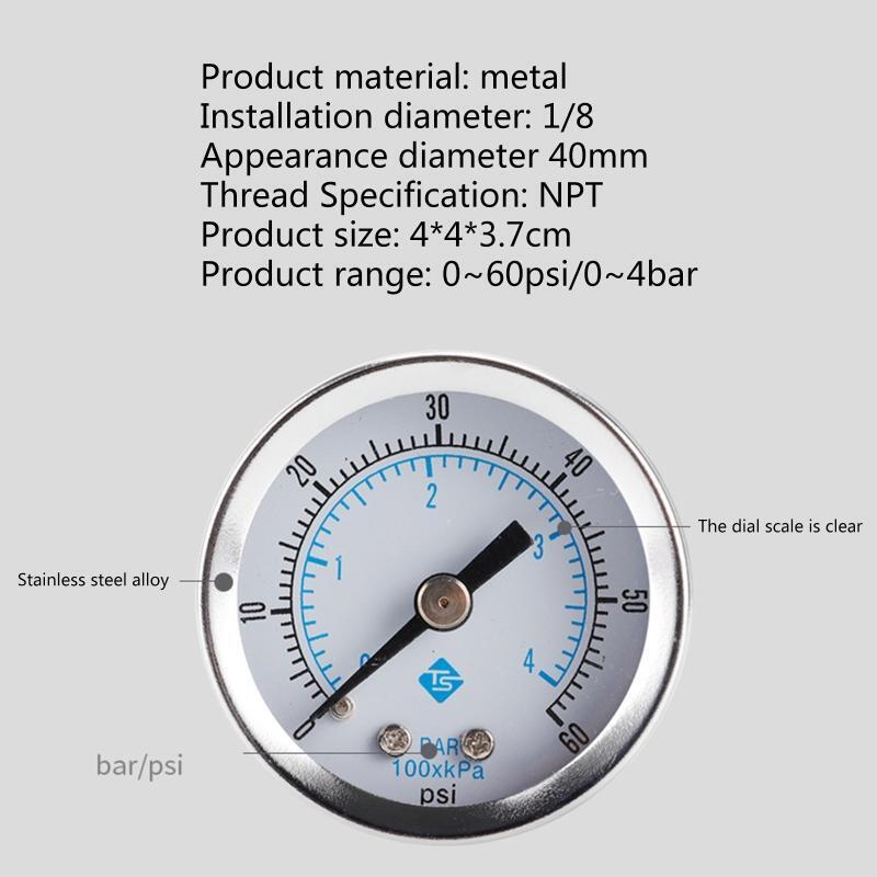 Utility Pressure Gauge Range 0-60psi/0-4bar Low Pressure Gauge 1/8" Thread