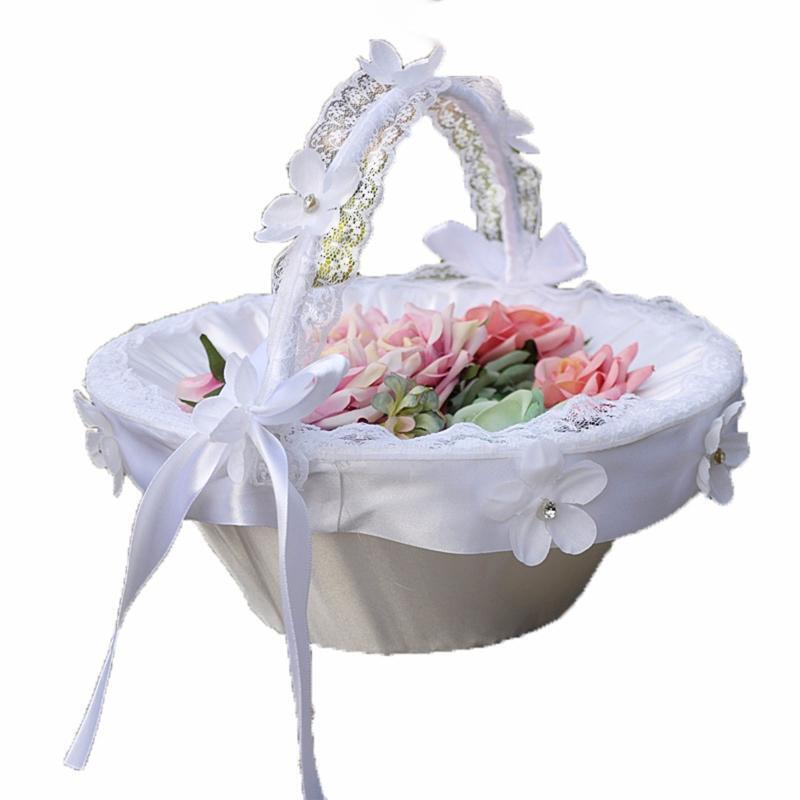 Flower Girl Basket with Removable Lace Handle for Wedding Faux Flowers Decor