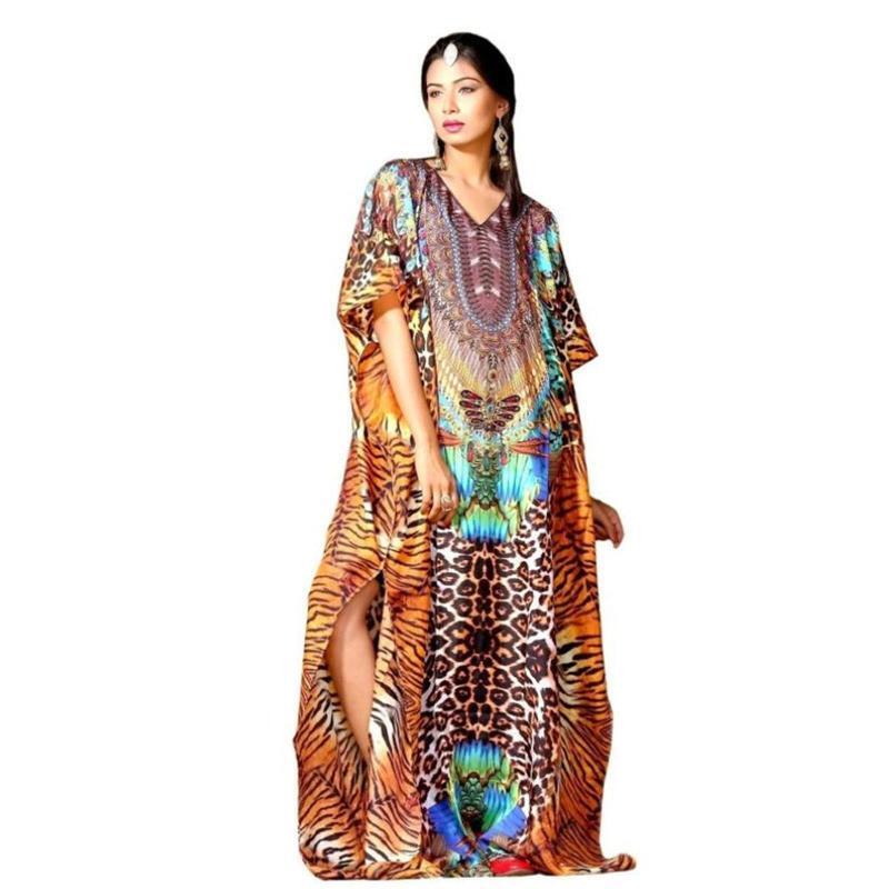 Women Middle East Kaftan Robe Beach Dress Boho Leopard Print Swimsuit Cover Up