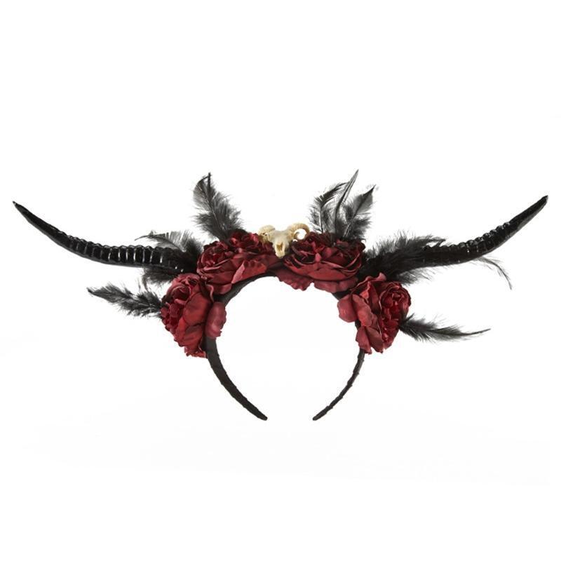 Carnival Halloween Ox Sheep Horn Hair Hoop Flower Feather Decor Horn Headpiece