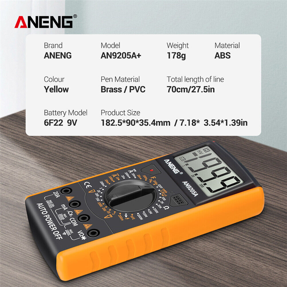 ANENG AN9205 LCD Digital Multimeter Voltmeter Resistance Tester (Yellow)