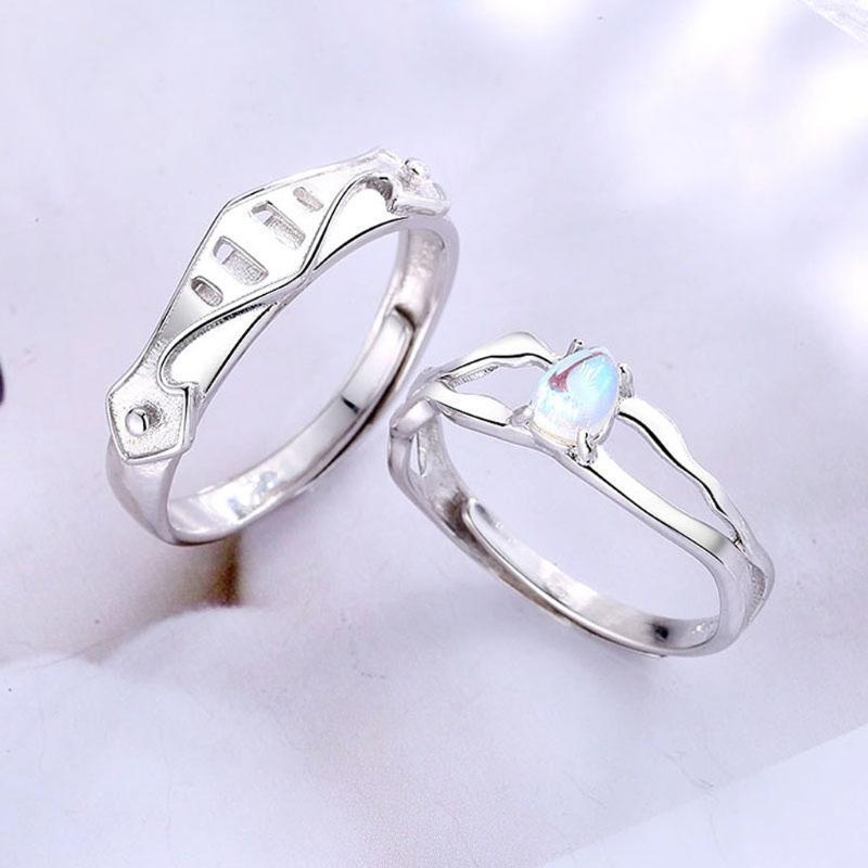 2x Princess and Knight Matching Rings Moonstone Adjustable Open Band Couple Ring