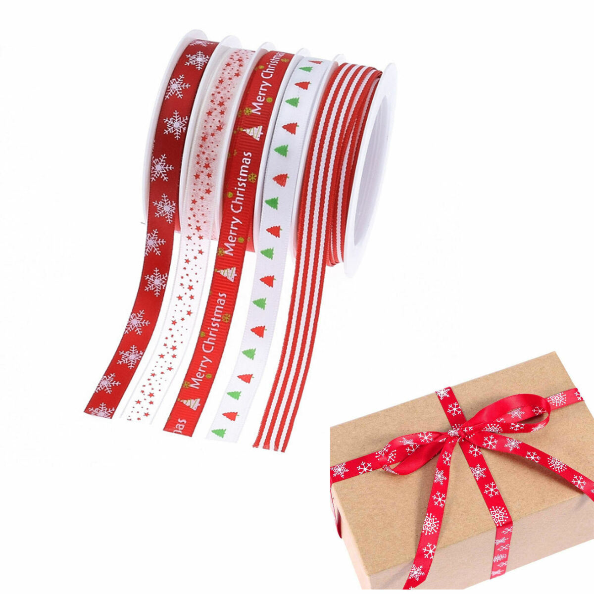 5Pcs Christmas Ribbon, Grosgrain Satin Fabric  Ribbons for Crafts Holiday
