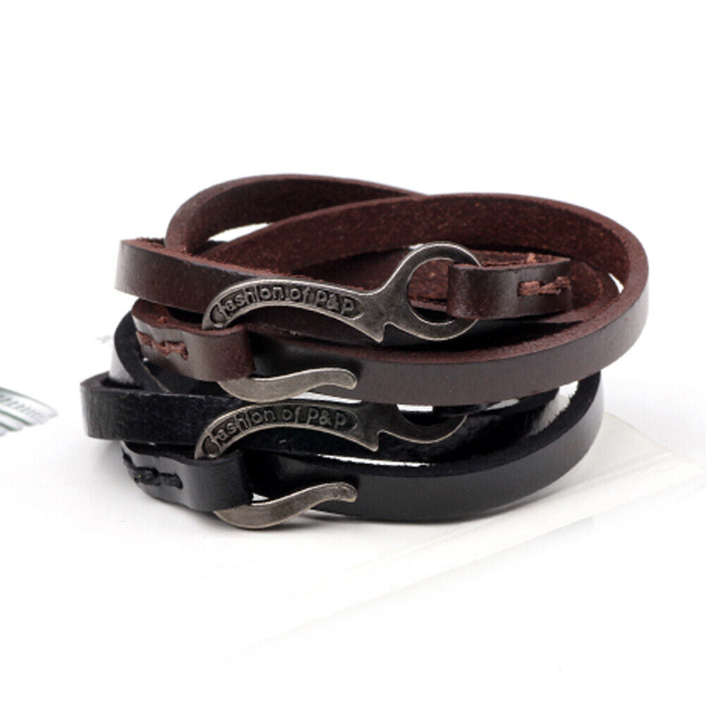 Men Women Wrap Braided Wristband Cuff Punk Leather Bracelet Bangle (Brown)