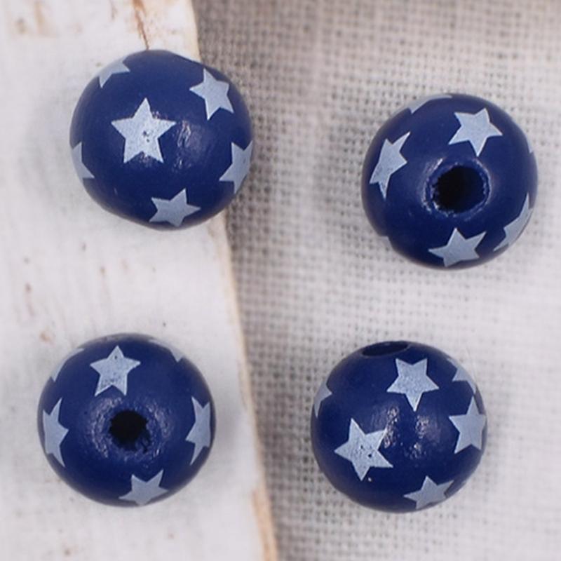 Independence Day Wood Beads 10 Pcs Round Patriotic Star Wooden Bead