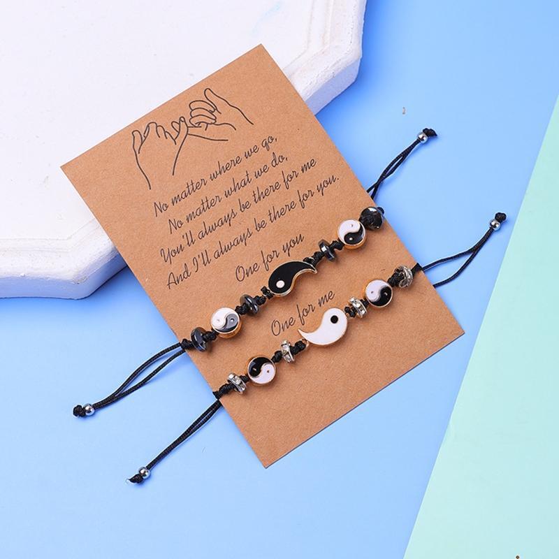 2Pieces Yin Yang Tai Chi Bracelet Adjustable Cord for Couples Friendship Lover