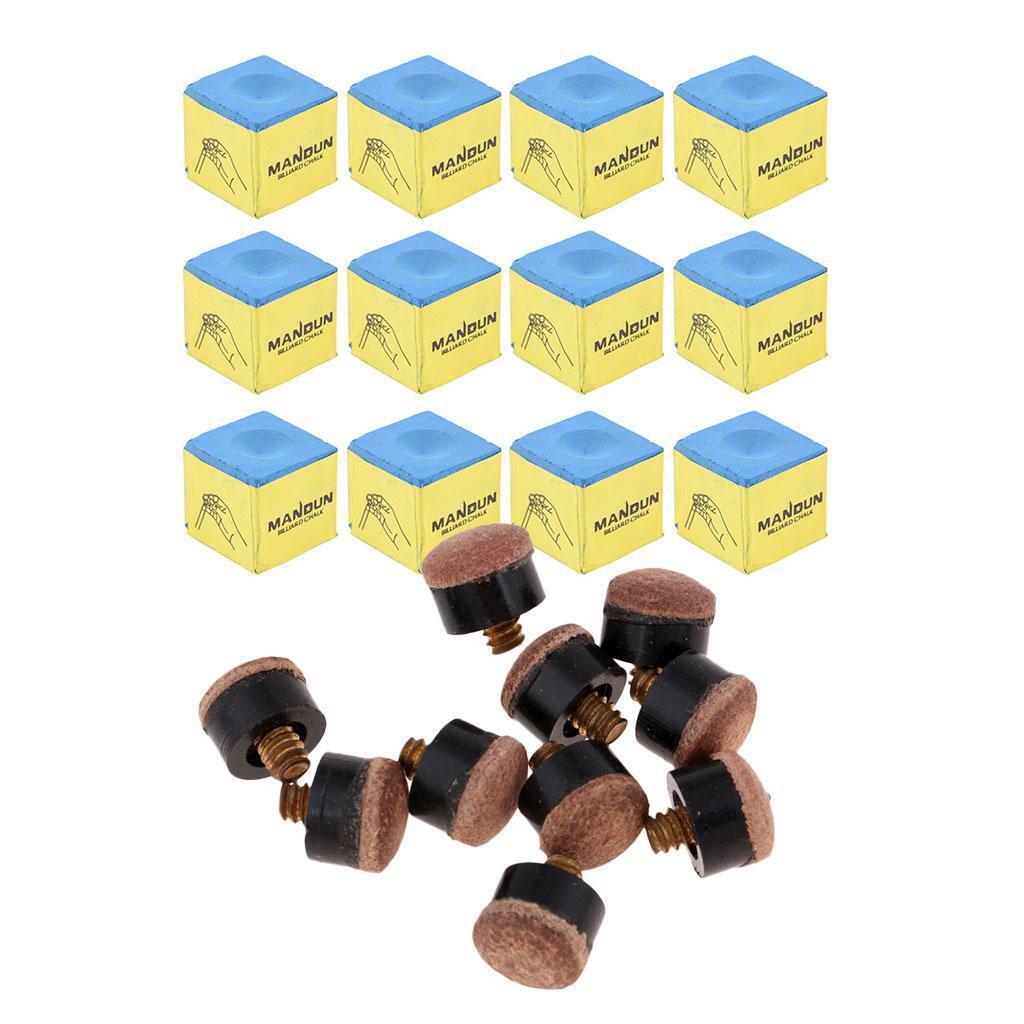 Premium 10 Pcs Billiards Screw-On Pool Cue Stick Tips Replacement and Chalk