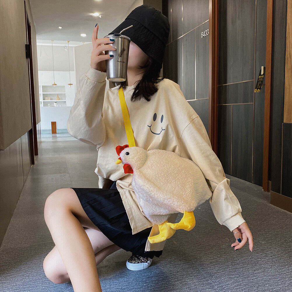 Cute Women Crossbody Purse Cartoon Chicken Shaped Kids Fleece Crossbody Bag