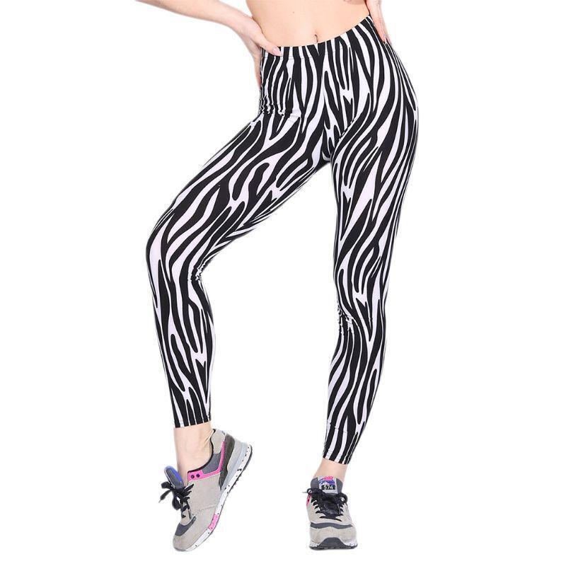 Womens Mid Rise Milk Fiber Ankle Length Leggings Black White Zebra Stripes Yoga