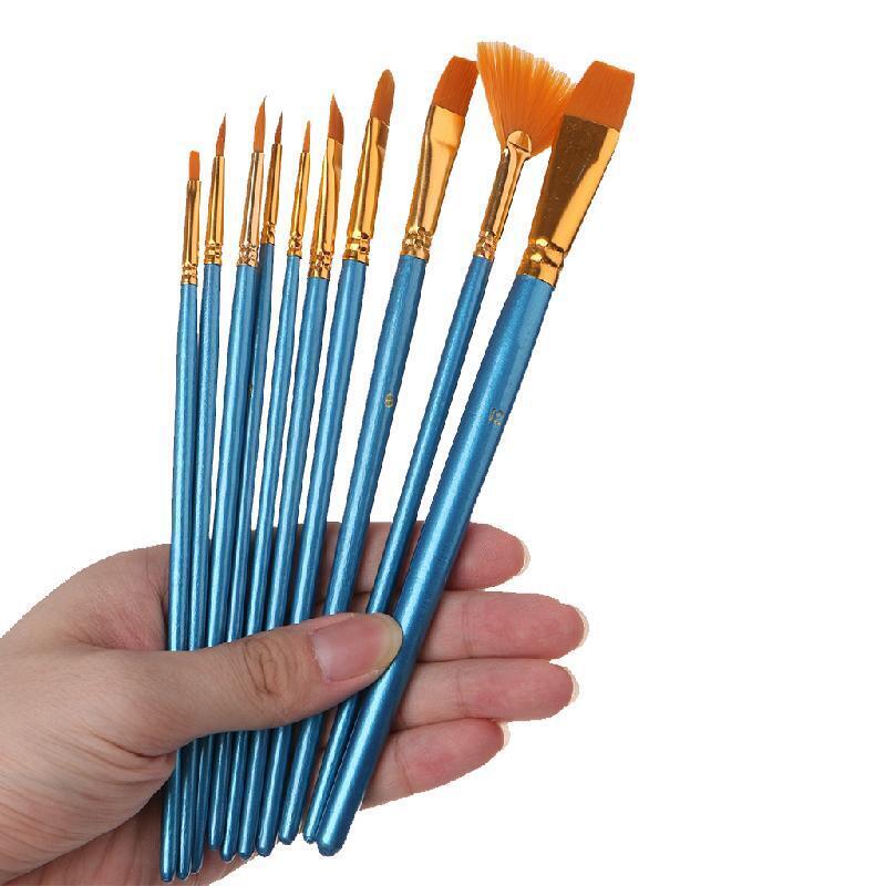 10Pc Acrylic Paint Brush Nylon Hair Watercolor Flabellum Pointed Tip Artists Set