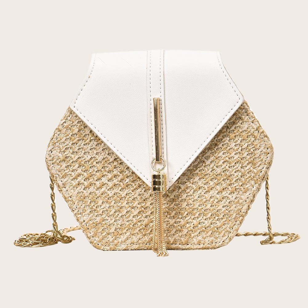 Hex-shape Straw+PU Shoulder Handbags Beach Women Top-handle Bags (White)