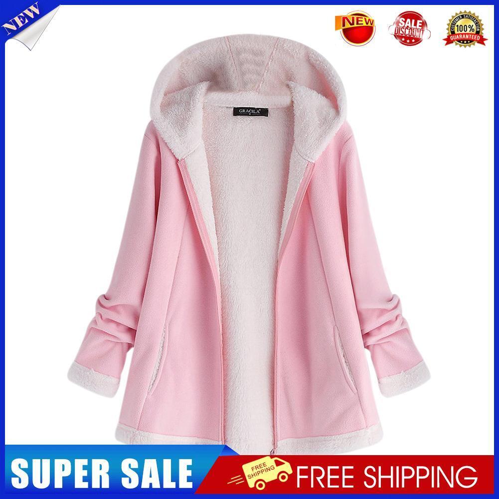 Women Plush Loose Coat Long-Sleeve Fleece Thicken Hooded Jacket (Pink L)