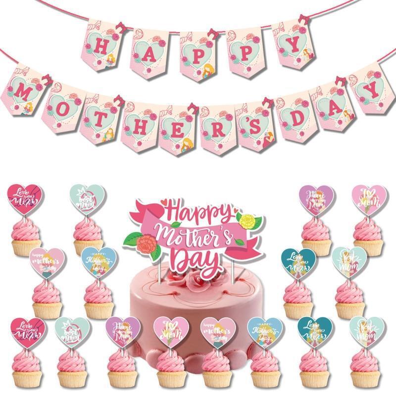 Happy Mother's Day Banner Theme Latex Balloon Heart Shape Cake Topper Kit