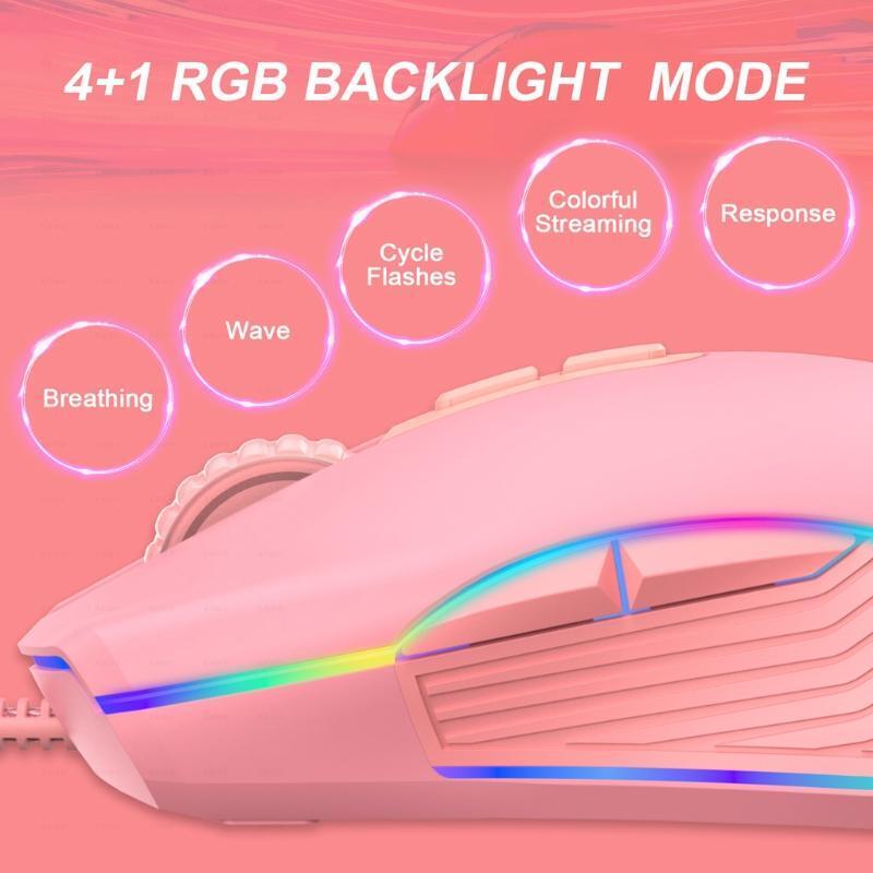 Optical Pink Wired Mouse Mice With Braided USB for Laptop Computer Gift w/Type-C