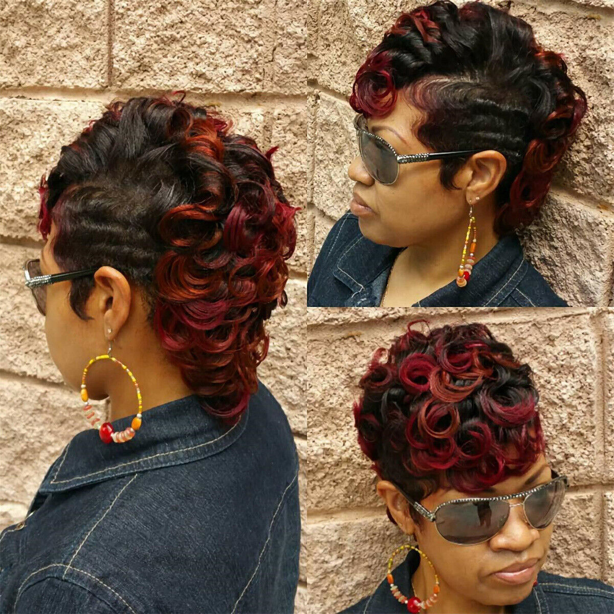 Natural Short Pixie Cut Black and Burgundy Curly Wigs Synthetic Hair For Women