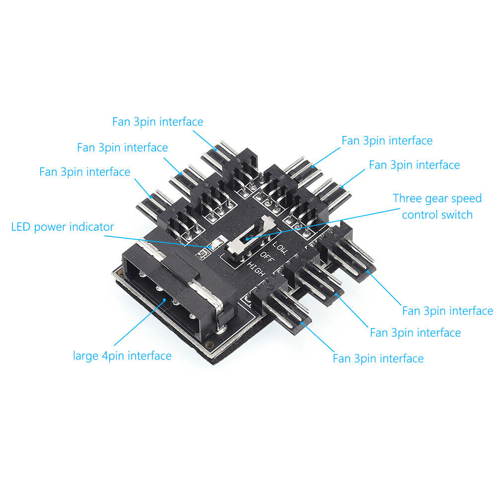 PC Speed Controller Adapter 3-level 12V Power Supply Cooler for 8-way Fans