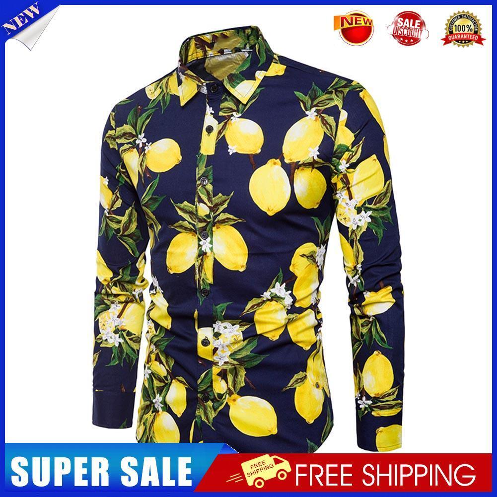 Men Long Sleeve Lemon Beach Fashion Turn Down Collar Shirt(Navy Blue 2XL)-2