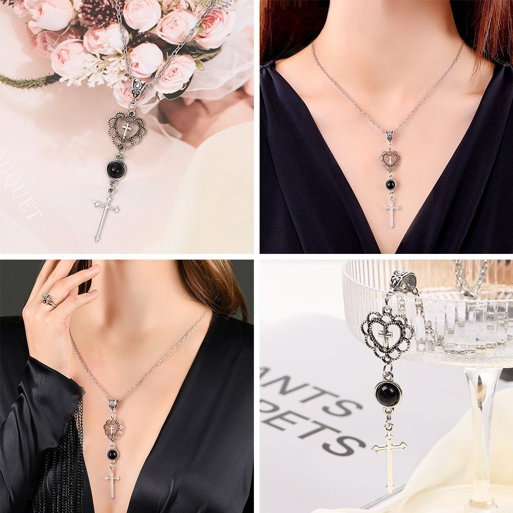Gifts Women Gothic Religion Heart Pendant Clavicle Chain Jewelry Cross Necklace
