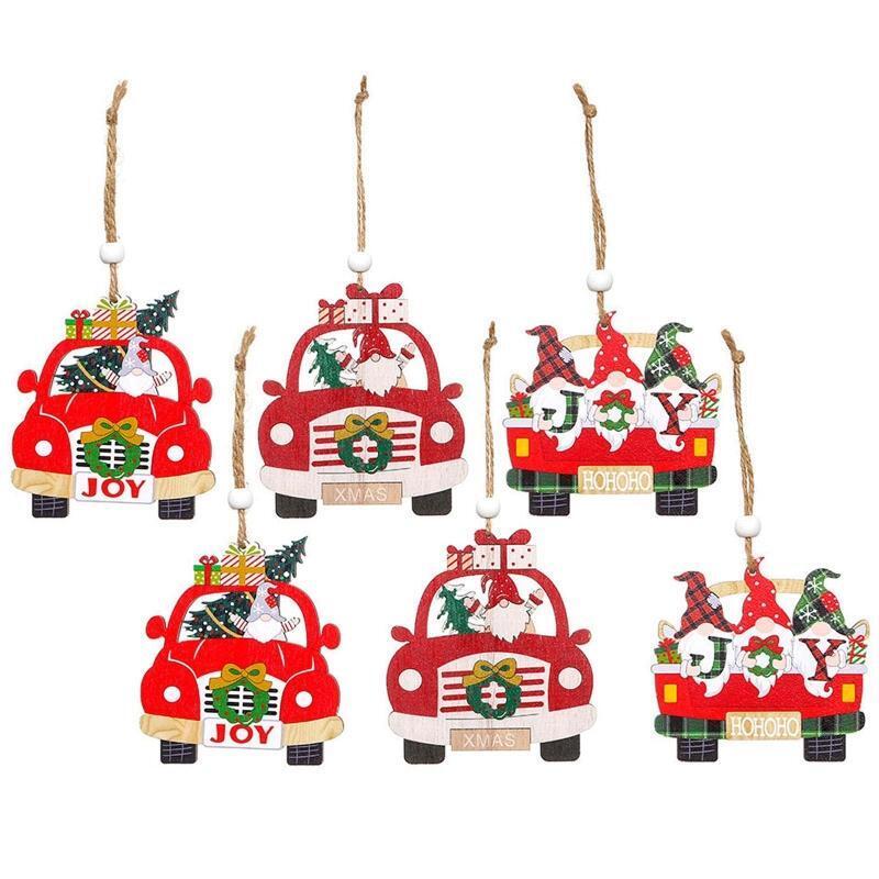 Christmas Wooden Car Pendants Set of 6 Wood Ornament Window Wall Door Decoration