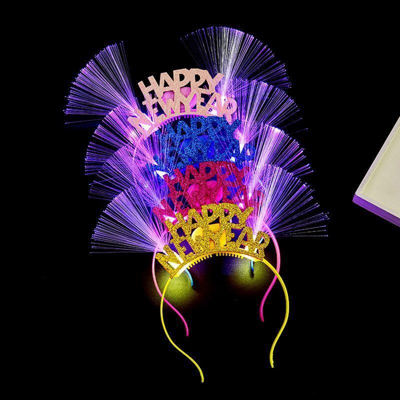 Women Girls Lovely LED Fiber Optic Ear Hair Hoop Glitter Happy New Year Letters