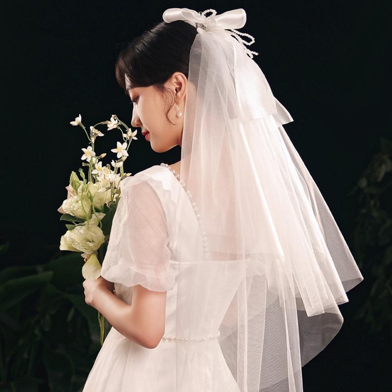 Wedding Veil with White Ribbon Bow 2 Tier Hair Accessories for Brides Short