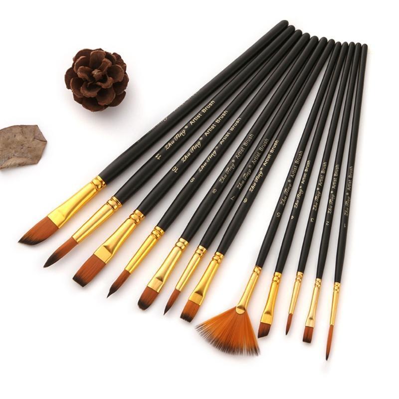 12pcs Nylon Hair Wooden Handle Watercolor Paint Brush Pen for DIY Oil Acrylic