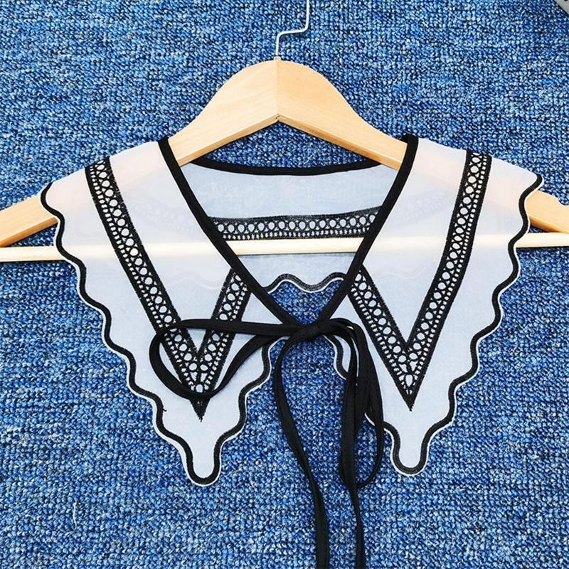 Women Black White Organza Faux Collar Shawl Embroidery Geometric Wavy Scarf Cape