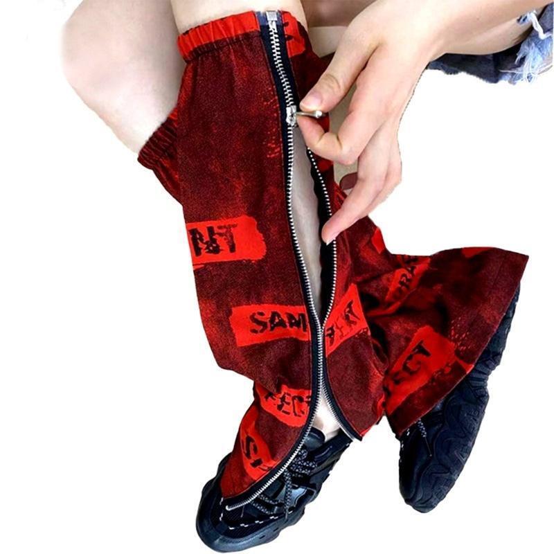 Harajuku Women Red Flared Leg Warmers Punk Letters Side Zipper Foot Cover Socks