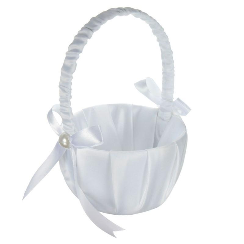 White Flower Girl Basket Bowknot Satin Cloth Baskets for Wedding Ceremony Party