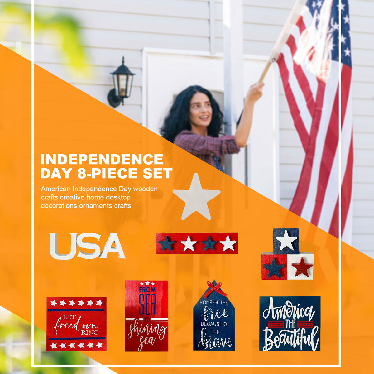 Independence Day Patriotic Ornaments - Blue Red & White Wooden Craft Decor
