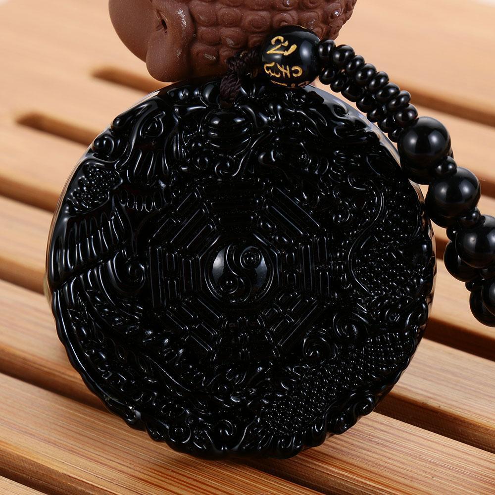 Reiki Handmade Lucky Pendant Obsidian Necklace Dragon Phoenix Carved BaGua
