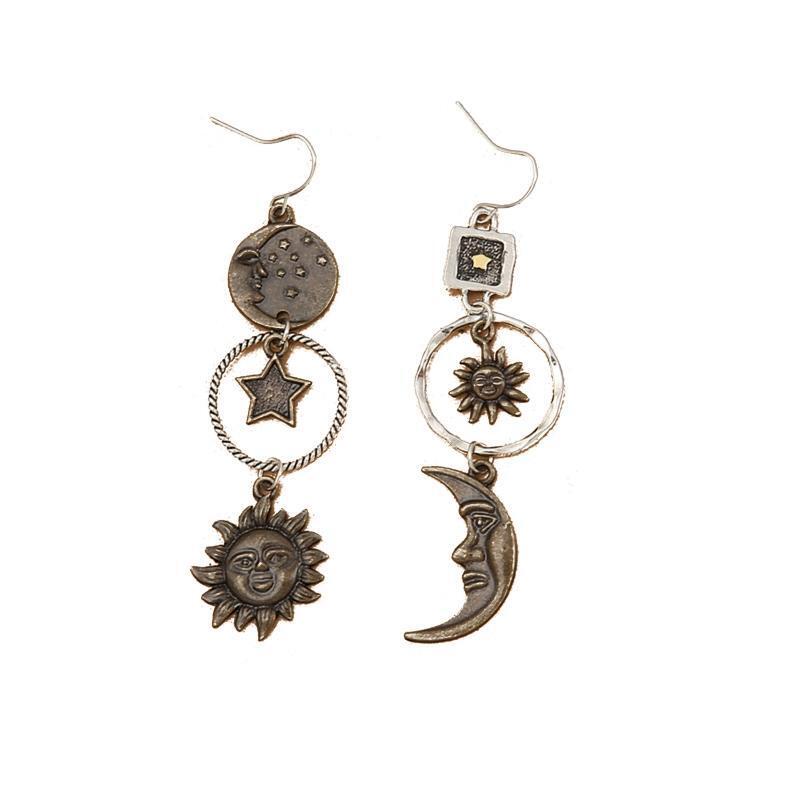 Sun Moon Pentagram Asymmetric Trendy Pendant Earrings Party Jewelry Gift for Her