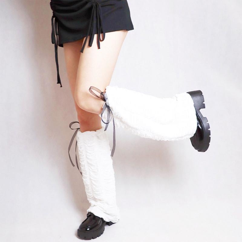 Sweet Lolita Bowknot Knee High Leg Warmers Women Wave Ruched Foot Cover Socks