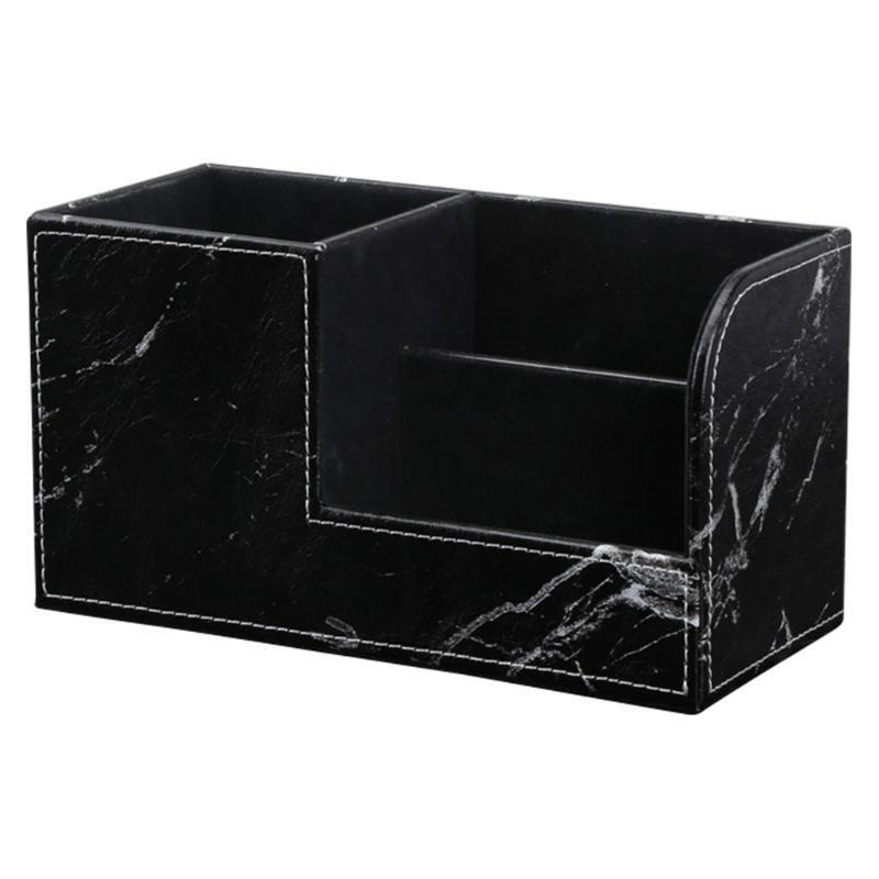 Black Marble Leather Desk Stationery Organizer Pen Pencil Holder Remote Control