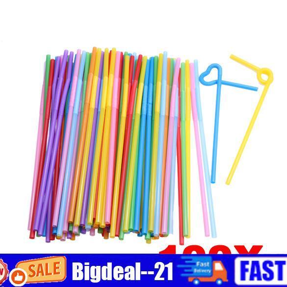 100 Pcs Flexible Plastic Bendy Mixed Colours Party Disposable Drinking Stra