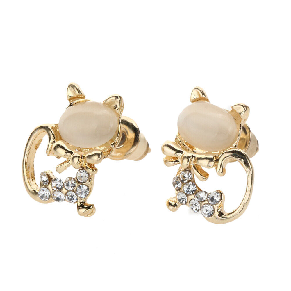 Cat Eye Stone Diamond Shiny Kitty Cute Small Animal Earrings (White)