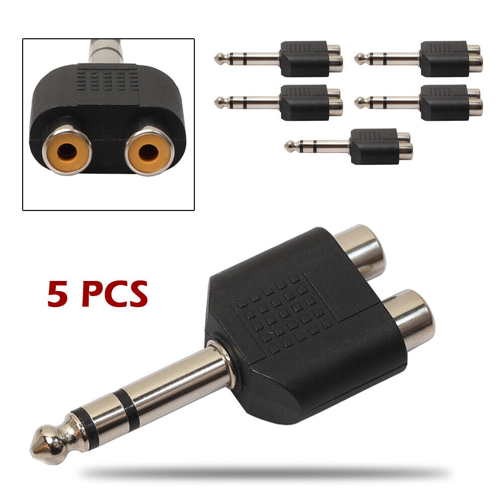 5Pcs 6.35mm 1/4" Stereo Plug to 2 RCA Female Jacks Splitter Audio Converter