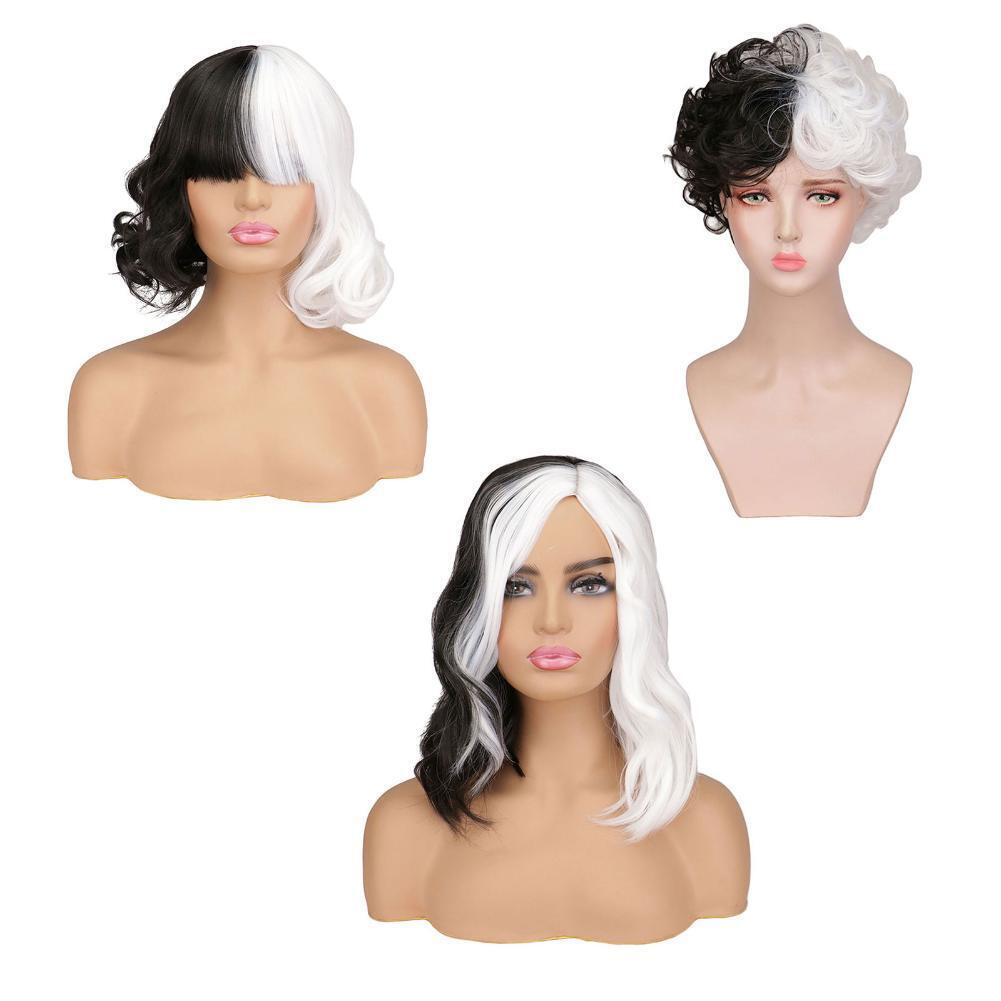 2pcs Black White Wig with Bangs Women Girls Short Curly Bob Costume Cap
