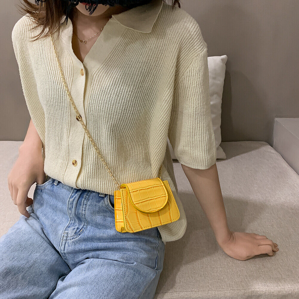 Pure Color Leather Mini Shoulder Bags Women Chain Messenger Bags (Yellow)