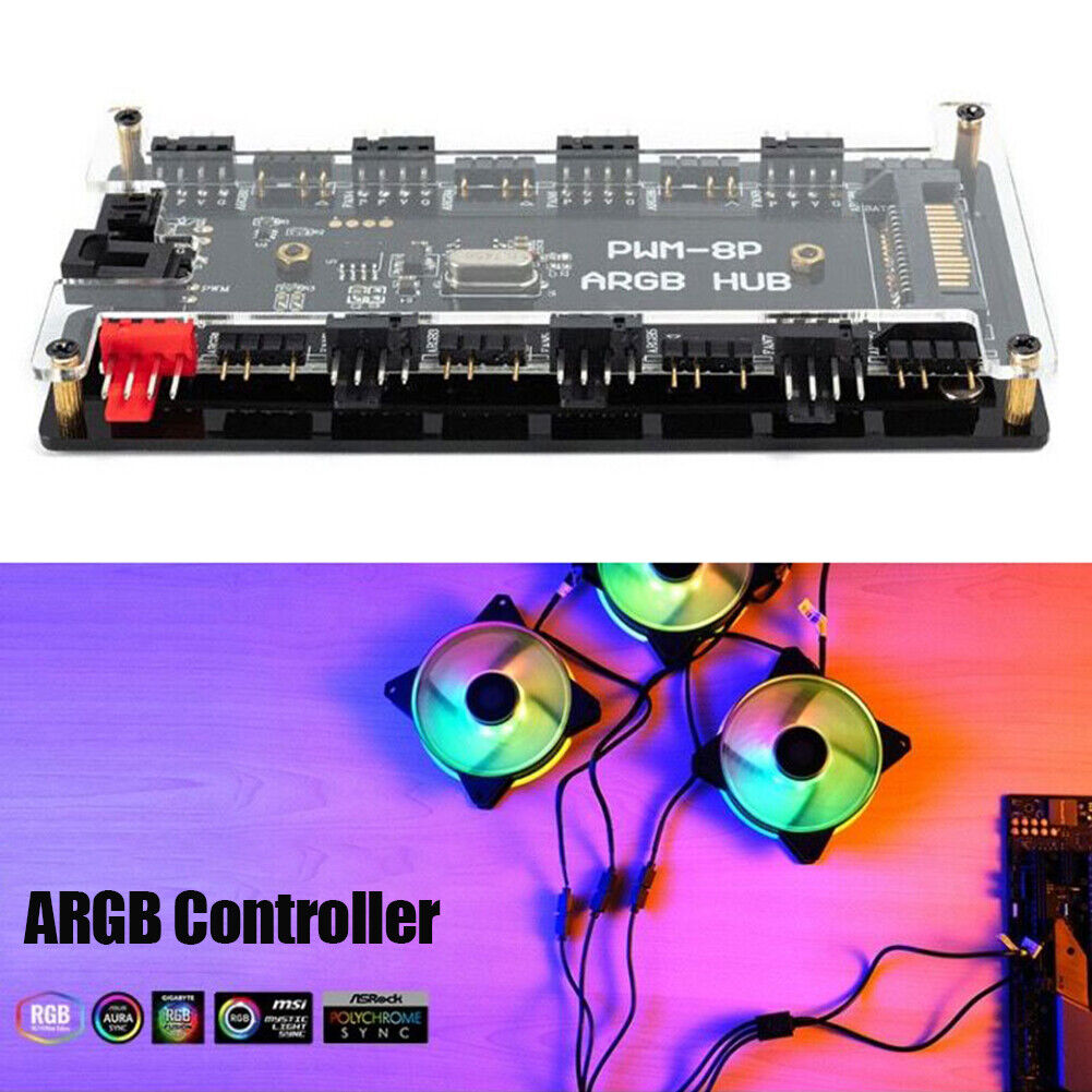 Remote Control PWM Fan Hub 8 Port 4-Pin PWM Fan 1 to 8 3-Pin ARGB LED Hub