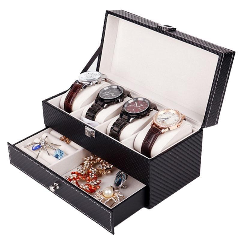 4 Grids Double Layers Watch Box Case PU Watch Jewelry Rings Earring Organizer