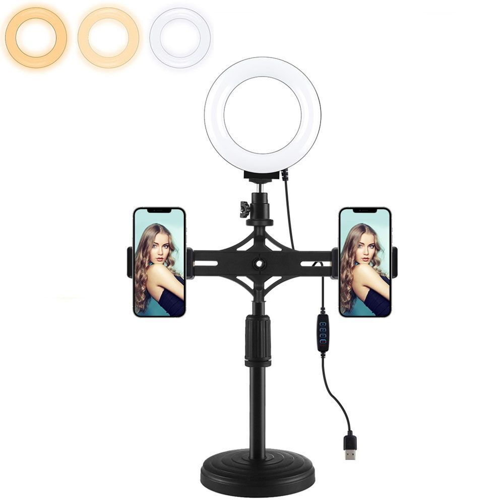 Light Kit 3 Color Temperature 4.7 inch Selfie Ring Light Dual Phone Brackets