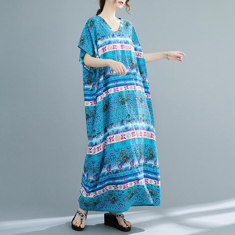 Women Short Sleeve Kaftan Dress Floral V-Neck Loose Maxi Robe Swimsuit Cover Up