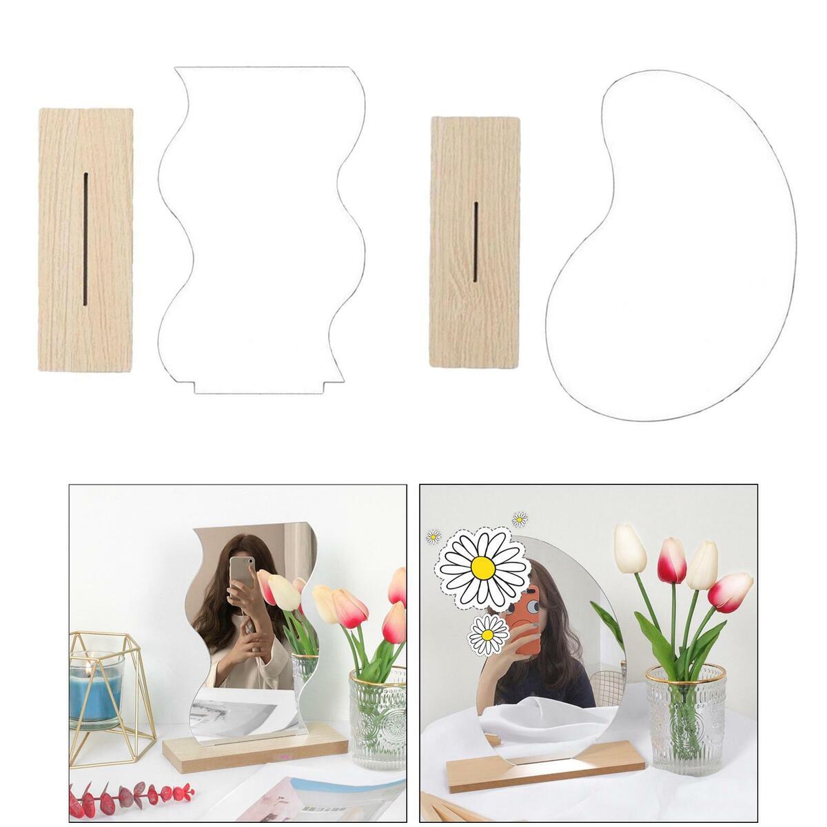 2x Frameless Irregular Acrylic Makeup Mirror Dresser Mirror Wooden Stand