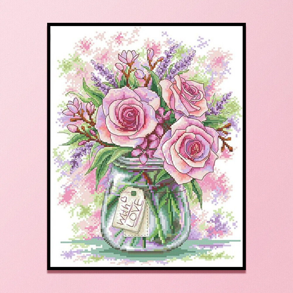 Partial Embroidery Kits Pink Rose 11CT Stamped Needlework Home Art Decor