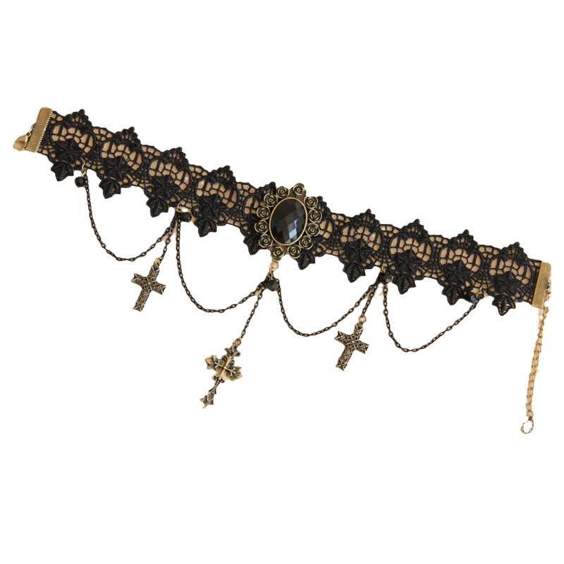 Gril Gothic Punk Metal Crucifix Choker Collar Necklace Lolita Lace Choker Collar